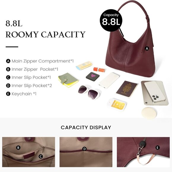 Genuine Leather Slouchy Hobo Purses for Women, Top Grain Real Leather Tote Handb - Picture 4 of 7